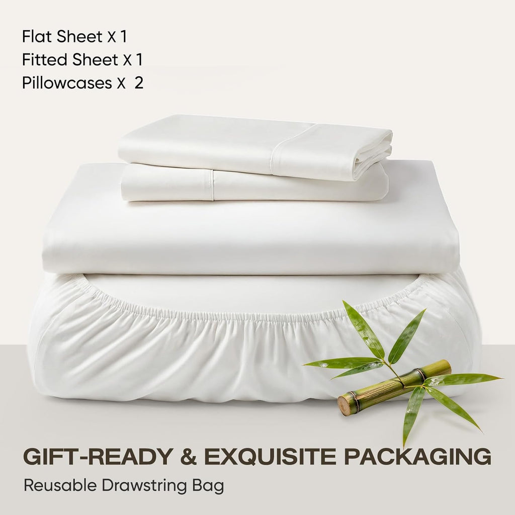 Real 100% Viscose Derived from Bamboo Sheets Set Queen Size, Cooling & Silky Soft for Hot Sleeper, Luxury with Breathable & Moisture Wicking Fabric, 18" Deep Pocket with Corner Straps (White,Queen)