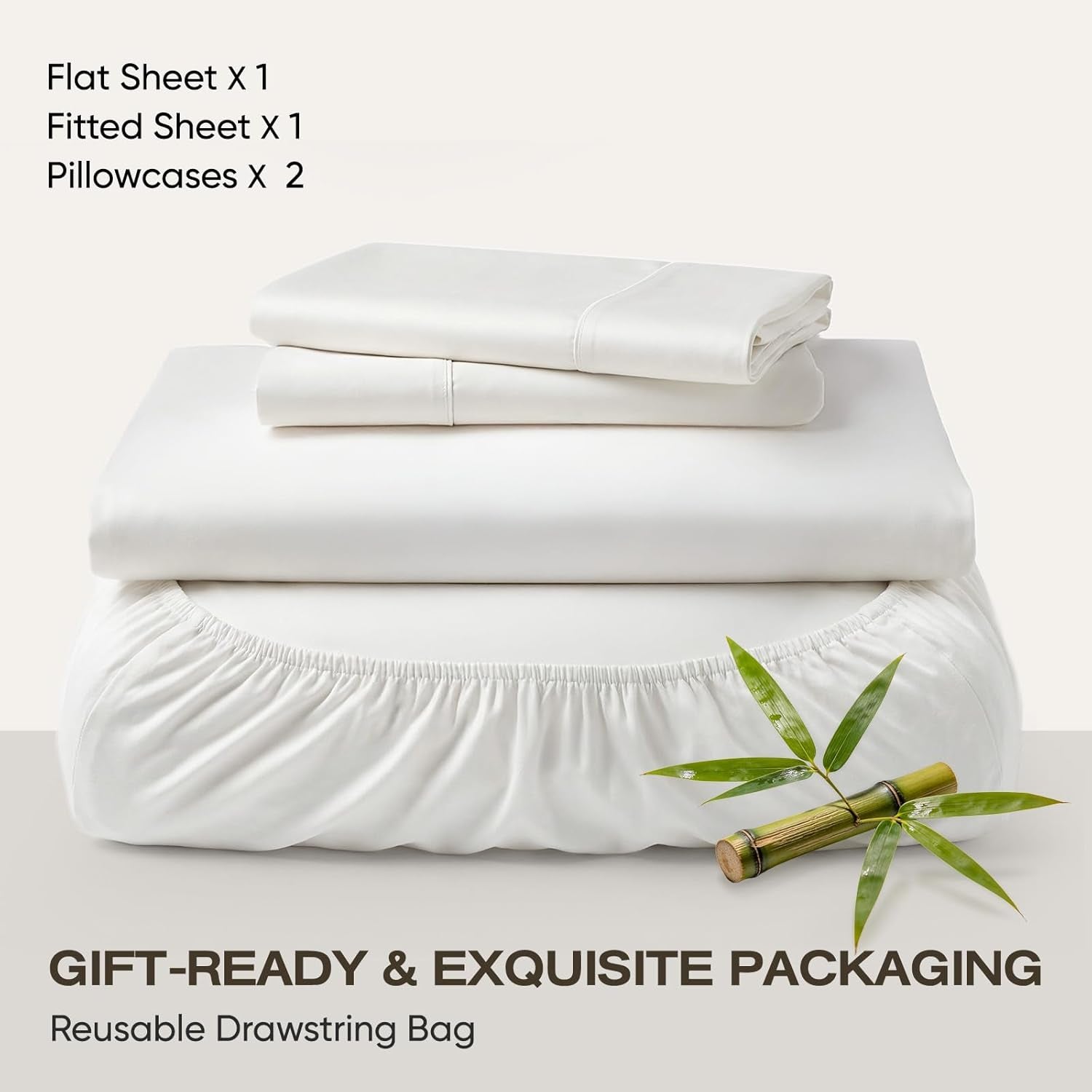 Real 100% Viscose Derived from Bamboo Sheets Set Queen Size, Cooling & Silky Soft for Hot Sleeper, Luxury with Breathable & Moisture Wicking Fabric, 18" Deep Pocket with Corner Straps (White,Queen)