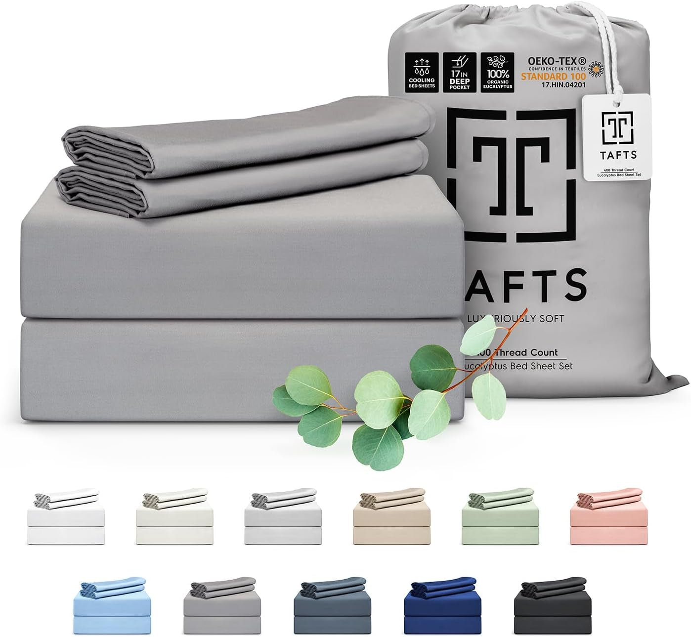 Eucalyptus Sheets Queen Size Bed Sheets - 100% Organic Eucalyptus, 400TC Eucalyptus Bed Sheets, 4 Piece Set, 17” Deep Pockets, Silk Feel, Cooling, Double Stitched (Space Grey)