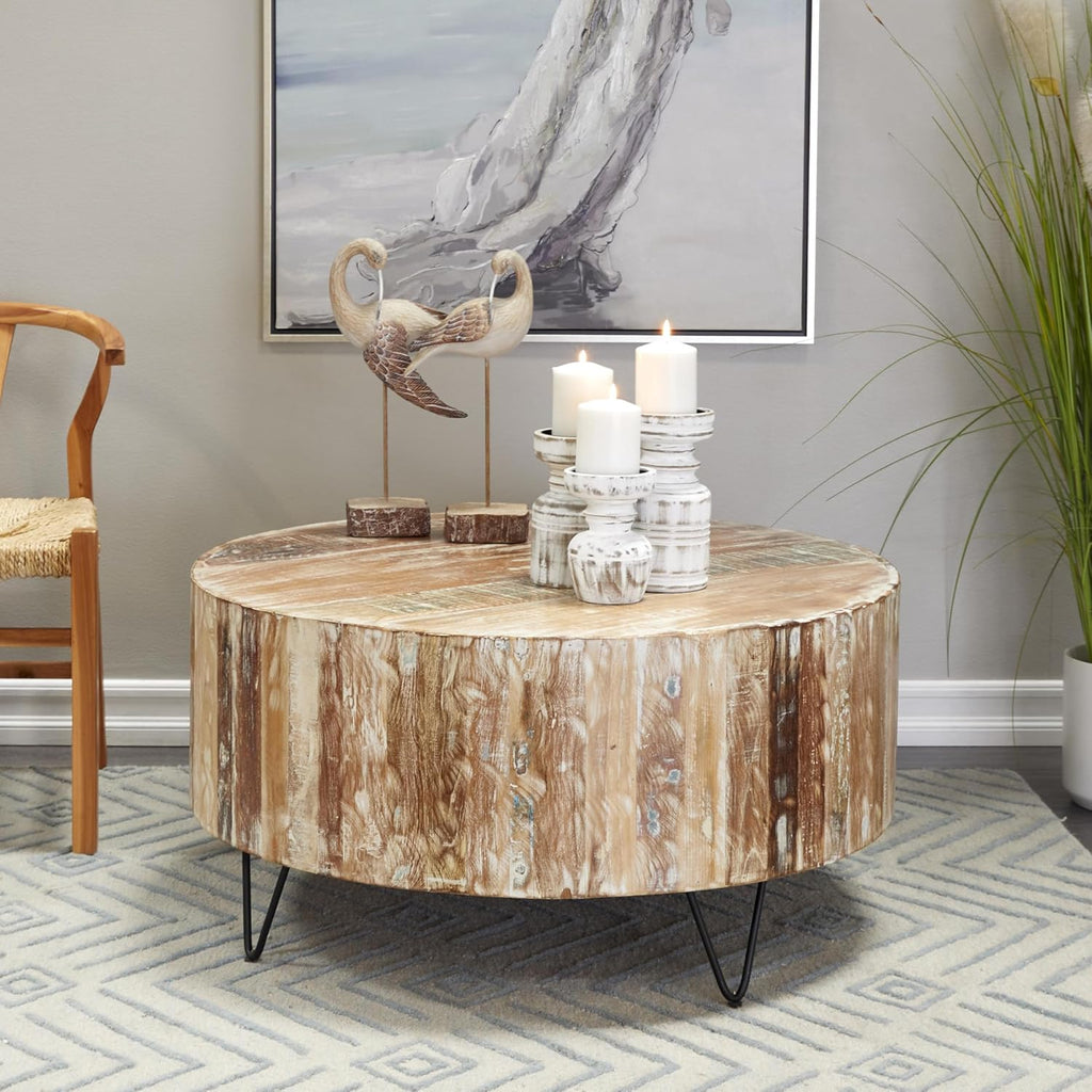 Deco 79 Mango Wood Handmade Living Room Coffee Table Distressed Table with Black Metal Hairpin Legs, Center Table 37" X 37" X 18", Brown
