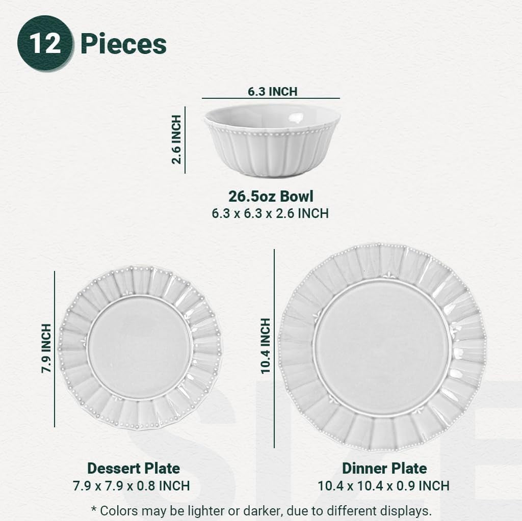 HOMBENE Dinnerware Set, 12 Piece Plates and Bowls Sets for 4, Ceramic Modern Dish Set for Party, Porcelain Dish Set, House Gift, Microwavable Safe, Light Grey