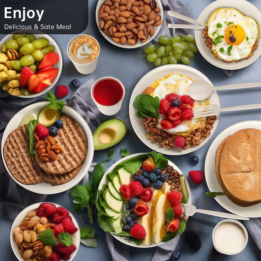 68 Pcs Wheat Straw Dinnerware Sets for 6, Unbreakable Dinnerware Sets, Reusable Wheat Straw Plates and Bowls Sets, Travel Camping Cutlery Set, Dishwasher Microwave Safe Dinnerware, Beige