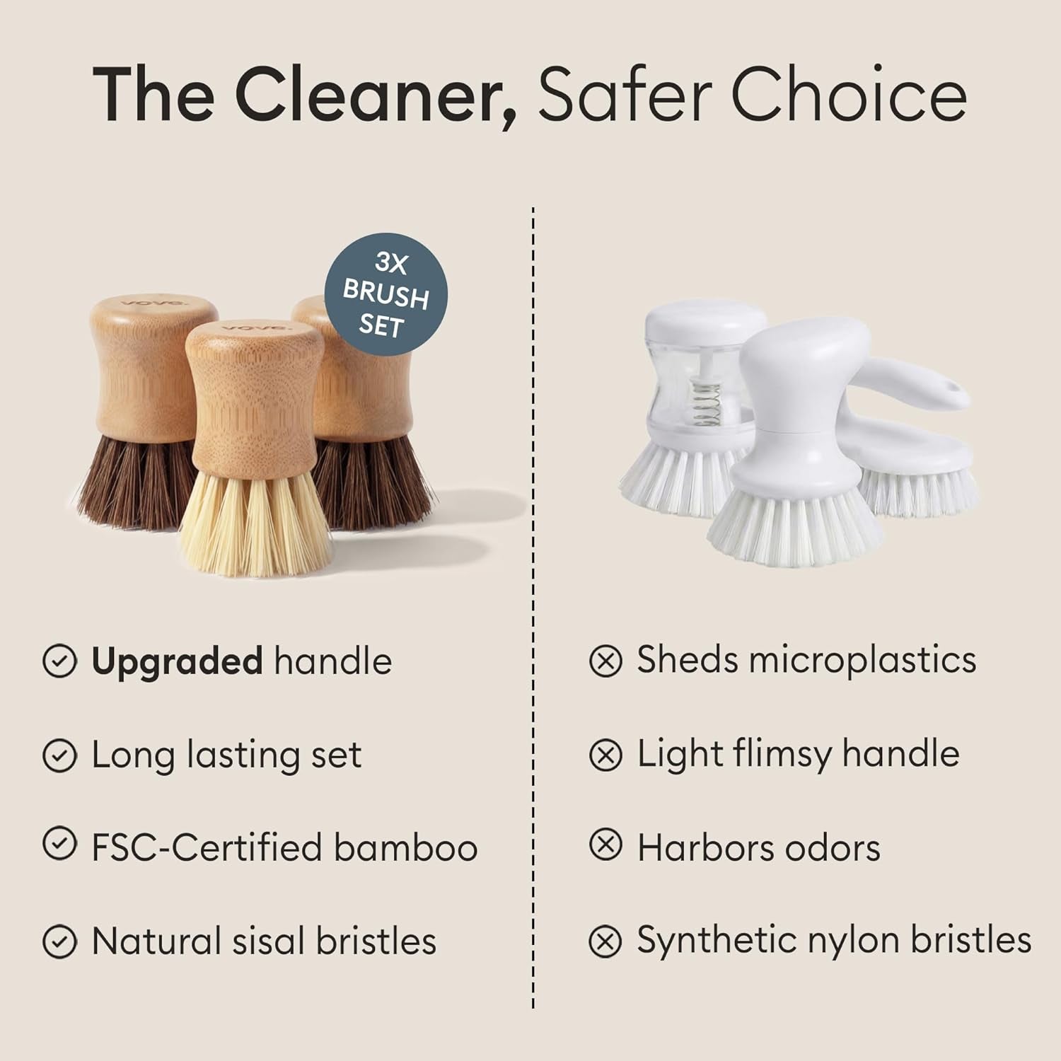 Bamboo Dish Scrub Brush Set, 3-Pack Plastic-Free Kitchen Brushes for Dishes Pots and Cast Iron, Fsc-Certified Bamboo with Natural Sisal and Union Fiber Bristles, 2 Hard and 1 Medium Brush