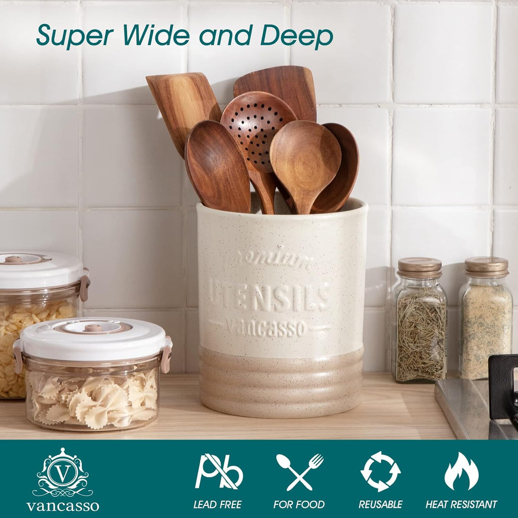 Sabine Ceramic Utensil Holder for Kitchen Counter, 7.2" Large Utensil Crock, Matte Cream Farmhouse Kitchen Utensil Holder, Countertop Organizer for Spoons, Spatulas and Cooking Tools