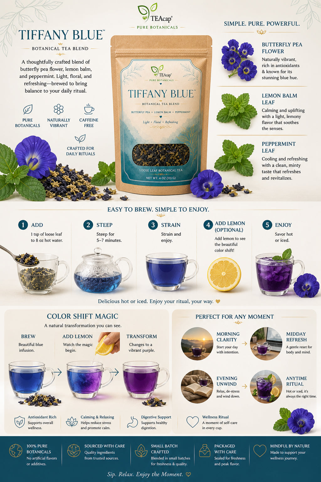 Butterfly Pea Flower Tea Blue Herbal Blend Peppermint Lemon Balm Loose Leaf 4 Oz