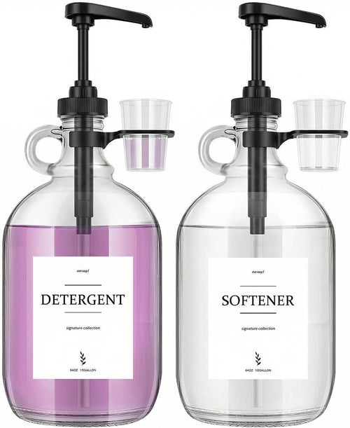 2 Pcs Glass Liquid Laundry Detergent Dispenser with Cup Holders, Half Gallon Dispenser for Laundry Room (64 Oz. Each), Laundry Detergent Bottles with Pump Dispenser - (Black Pumps)