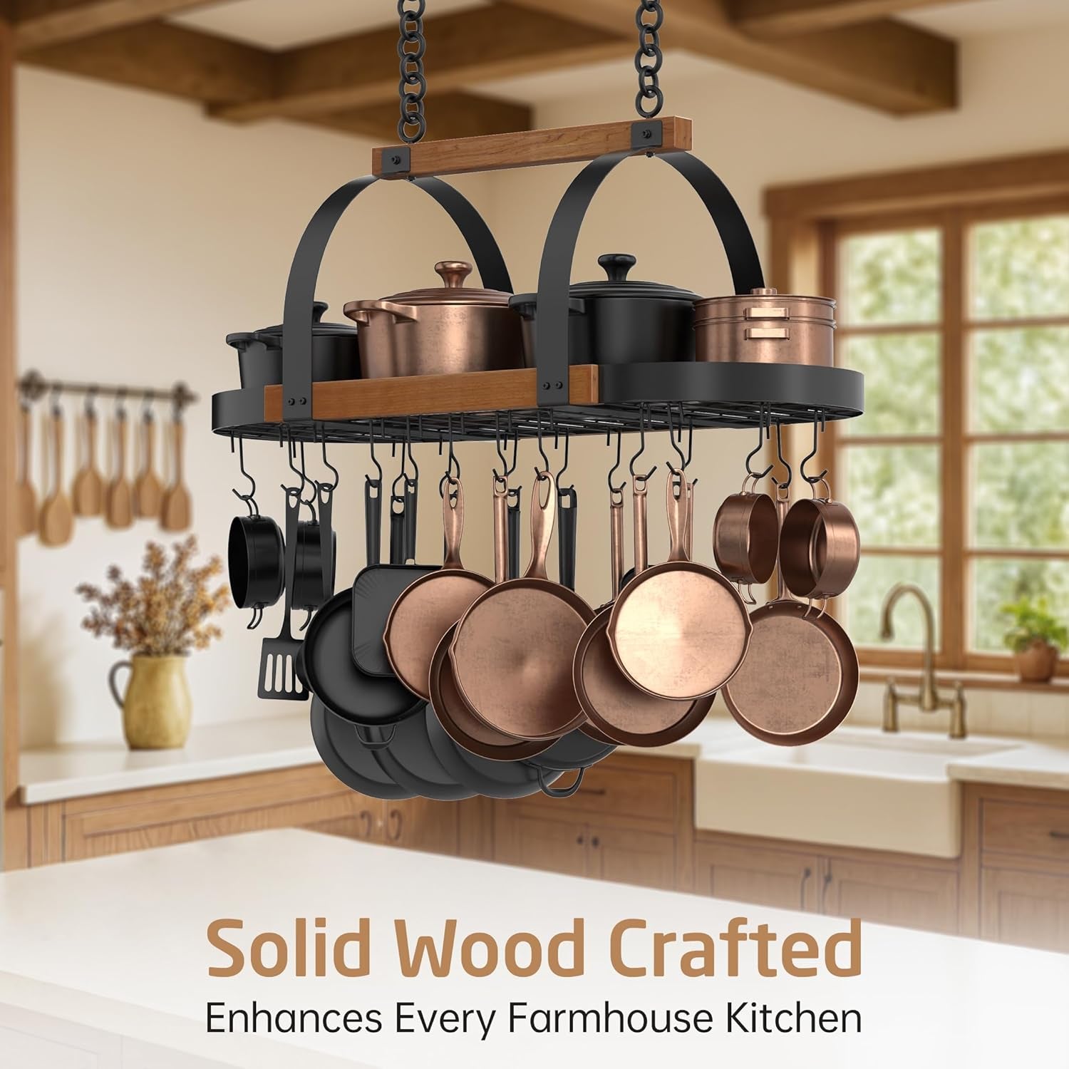Natural Solid Wood 39 Inch Large Hanging Pot Rack, 130 LBS Capacity Heavy Duty Oval Pot and Pan Hanging Rack Ceiling Mount, Pot Pan Hangers Organizer for Kitchen, 20 Hooks (For 16" and 24" Joist)