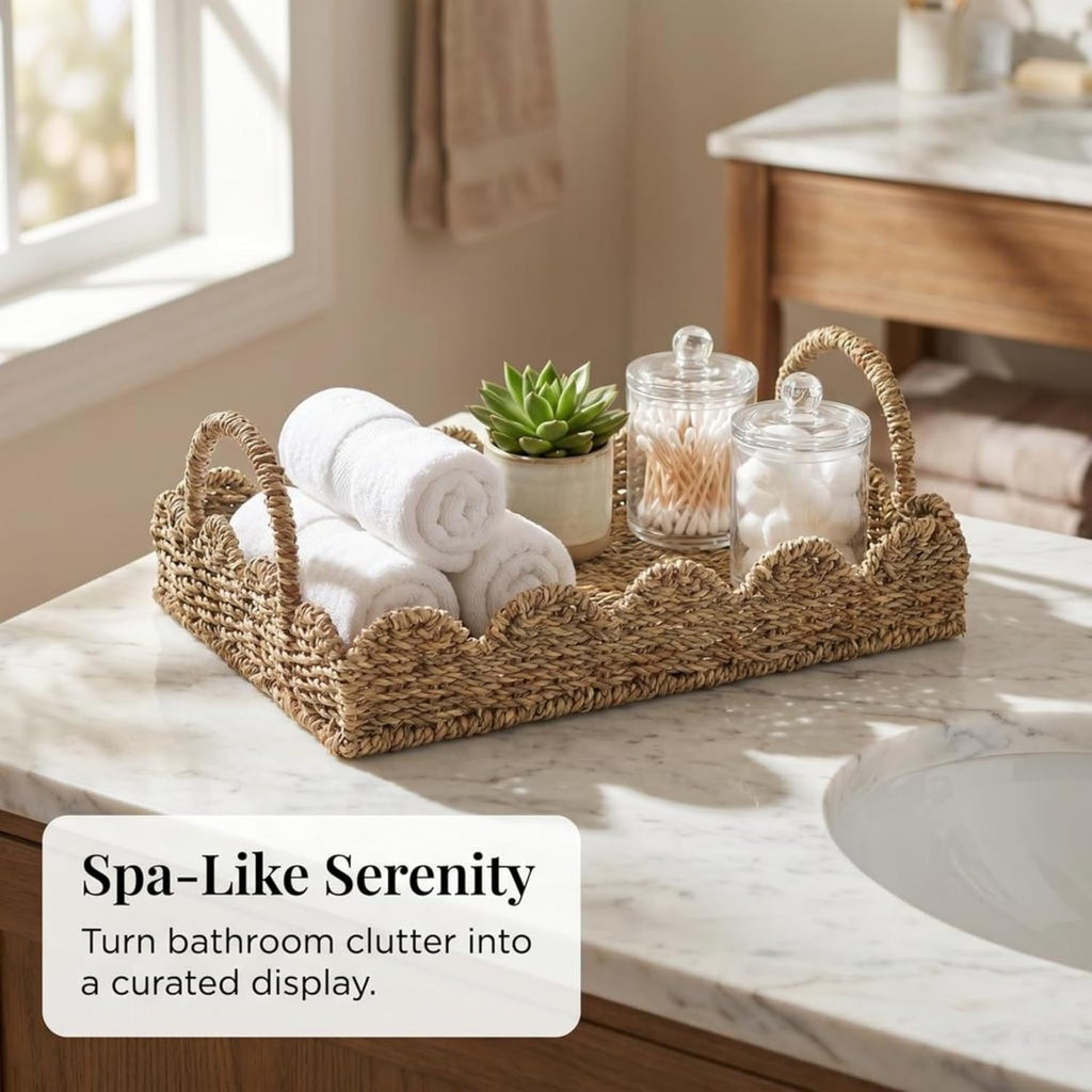 Seagrass Decorative Tray with Scalloped Edge, Handwoven Natural Wicker Organizer Basket with Handles & Iron Frame for Coffee Tables, Bathrooms & Countertops