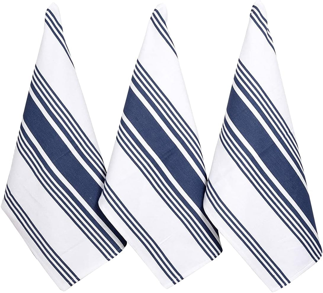 Kitchen Towels 100% Cotton Dish Towels for Kitchen (Set of 3) 20”X30” Dish Cloths Highly Absorbent Kitchen Linen Set with Hanging Loop Perfect for Drying Dishes Cleaning Towels-Blue White
