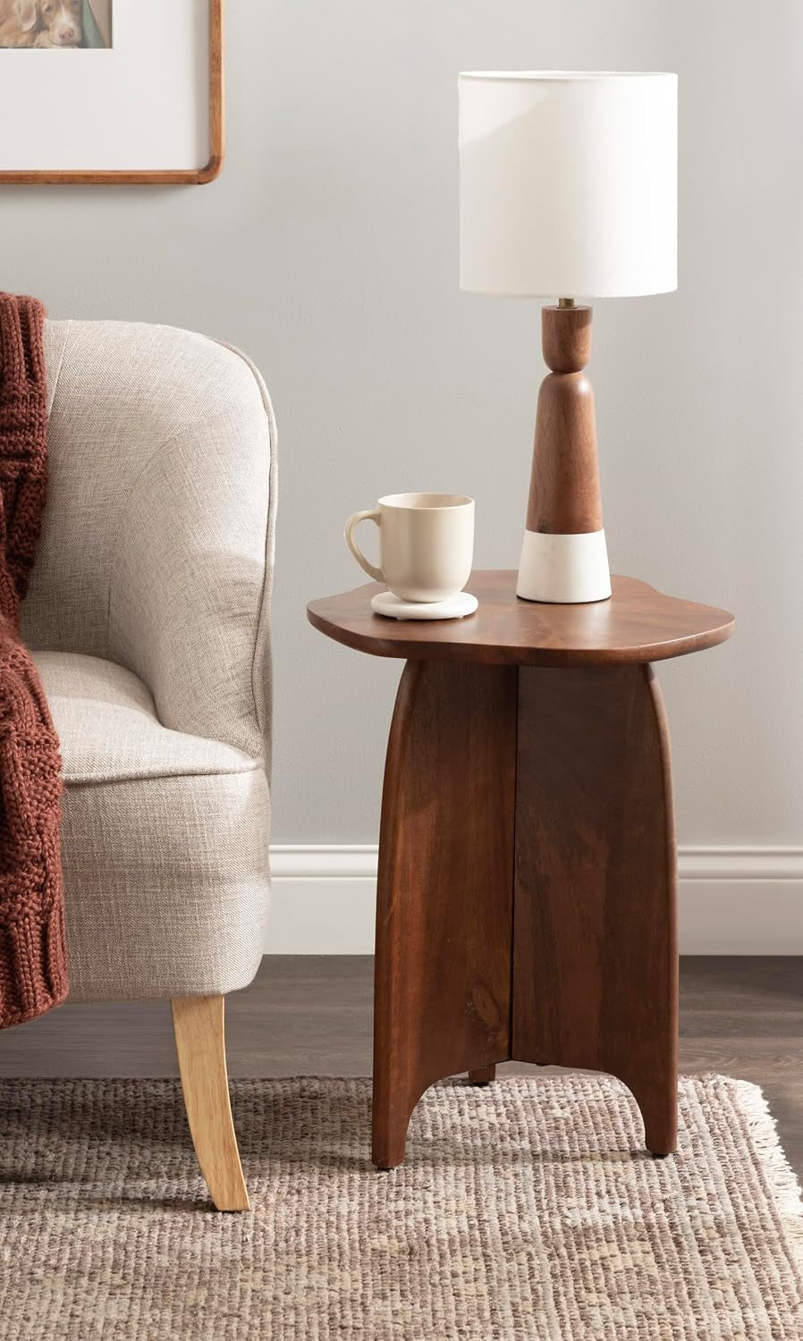 Kanna Modern Wavy Pieced Mango Wood round Side Table, 16 X 16 X 21, Walnut Brown, Mid-Century Scalloped Wooden End Table for Bedroom Nightstand or Living Room Plant Stand Indoors