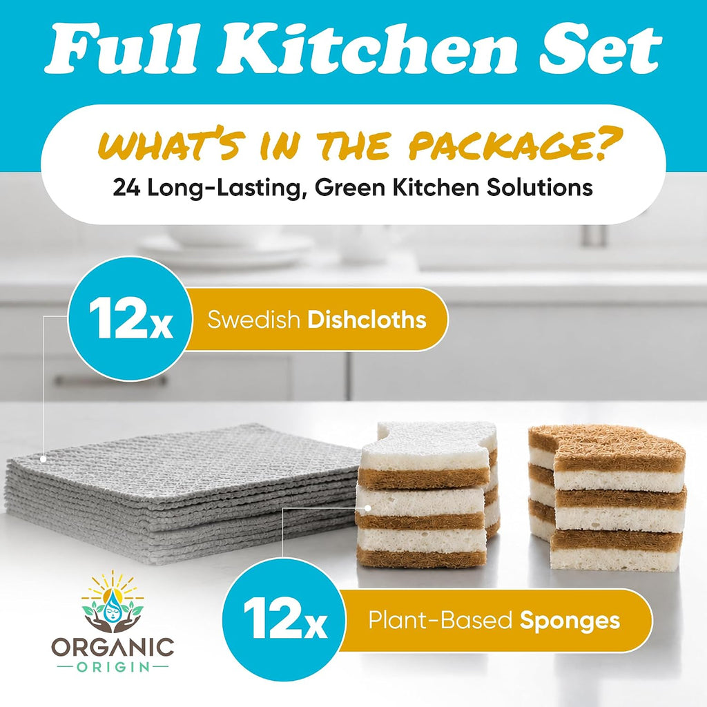 Organic Origin Swedish Dishcloths & Plant-Based Sponges - Absorbent 12 Swedish Dishcloths and 12 Plant-Based Sponges - Reusable Paper Towels & Cellulose Scrubber Set for Kitchen Cleaning (24 Pack)