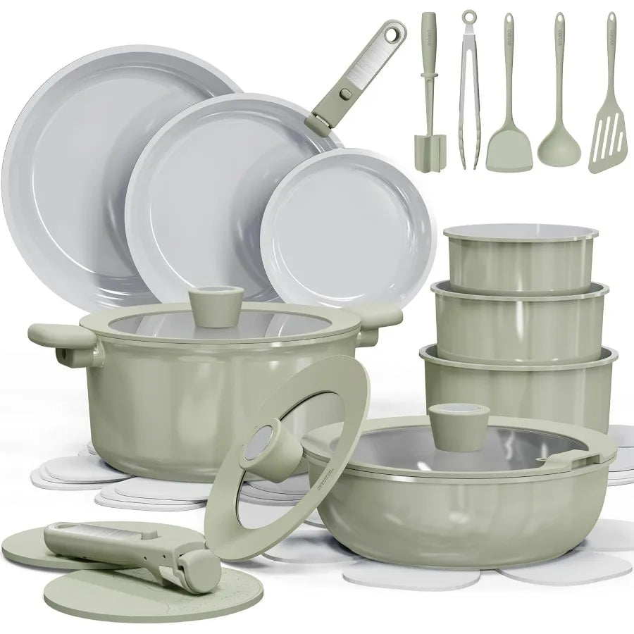27Pcs Ceramic Cookware Set Nonstick, Pots and Pans Set Non Stick, Non Toxic Cookware, Dishwasher/Oven Safe, Rv/Camping Cookware