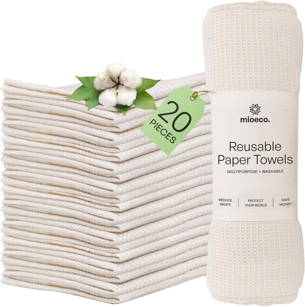 20 Pack Reusable Kitchen Paper Towels Washable - Super Absorbent Natural Unpaper Towels - Natural Cotton - Reusable, Paperless Kitchen Dish Cloths - 100% Organic