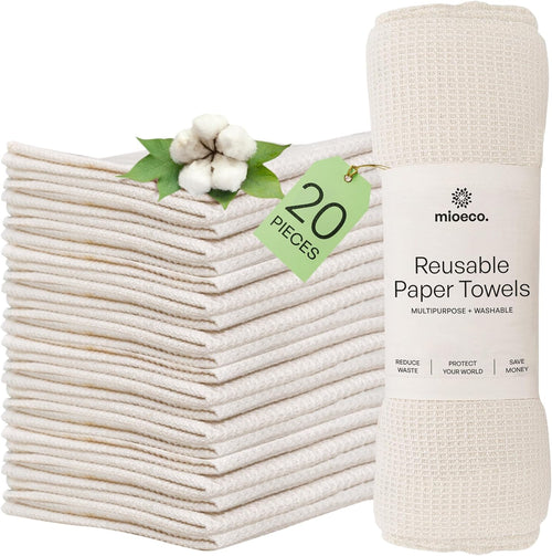 20 Pack Reusable Kitchen Paper Towels Washable - Super Absorbent Natural Unpaper Towels - Natural Cotton - Reusable, Paperless Kitchen Dish Cloths - 100% Organic