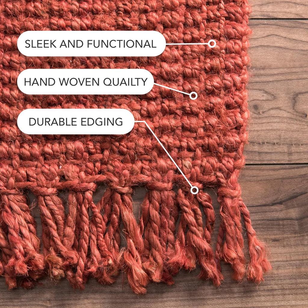 5X8 Daniela Jute Tassel Hand Woven Area Rug, Brick, Solid Chunky Farmhouse Design, Natural Fiber, for Bedroom, Dining Room, Living Room, Hallway, Office, Entryway
