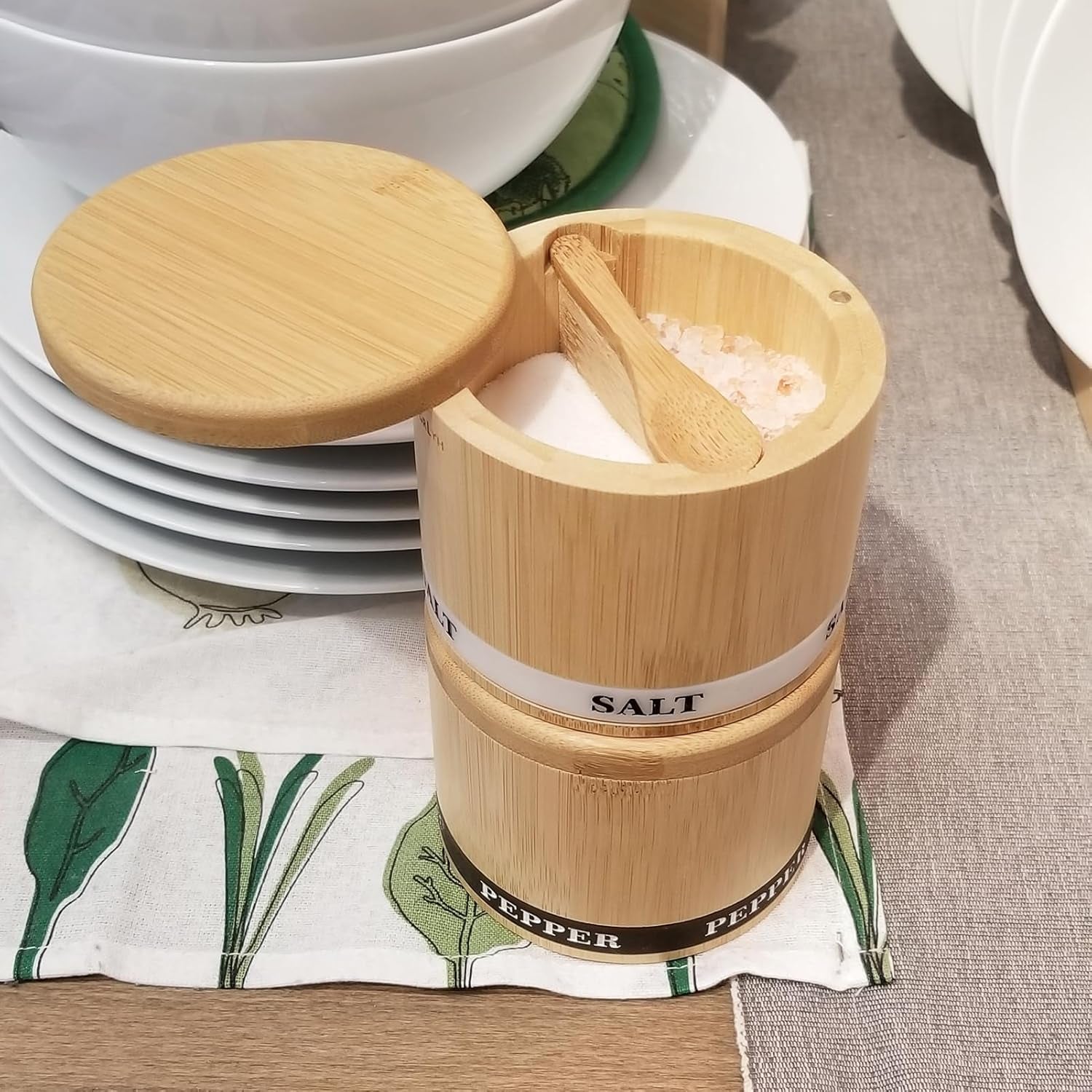 Bamboo Salt and Pepper Box with Swivel Lid and 2 Spoons - 13OZ
