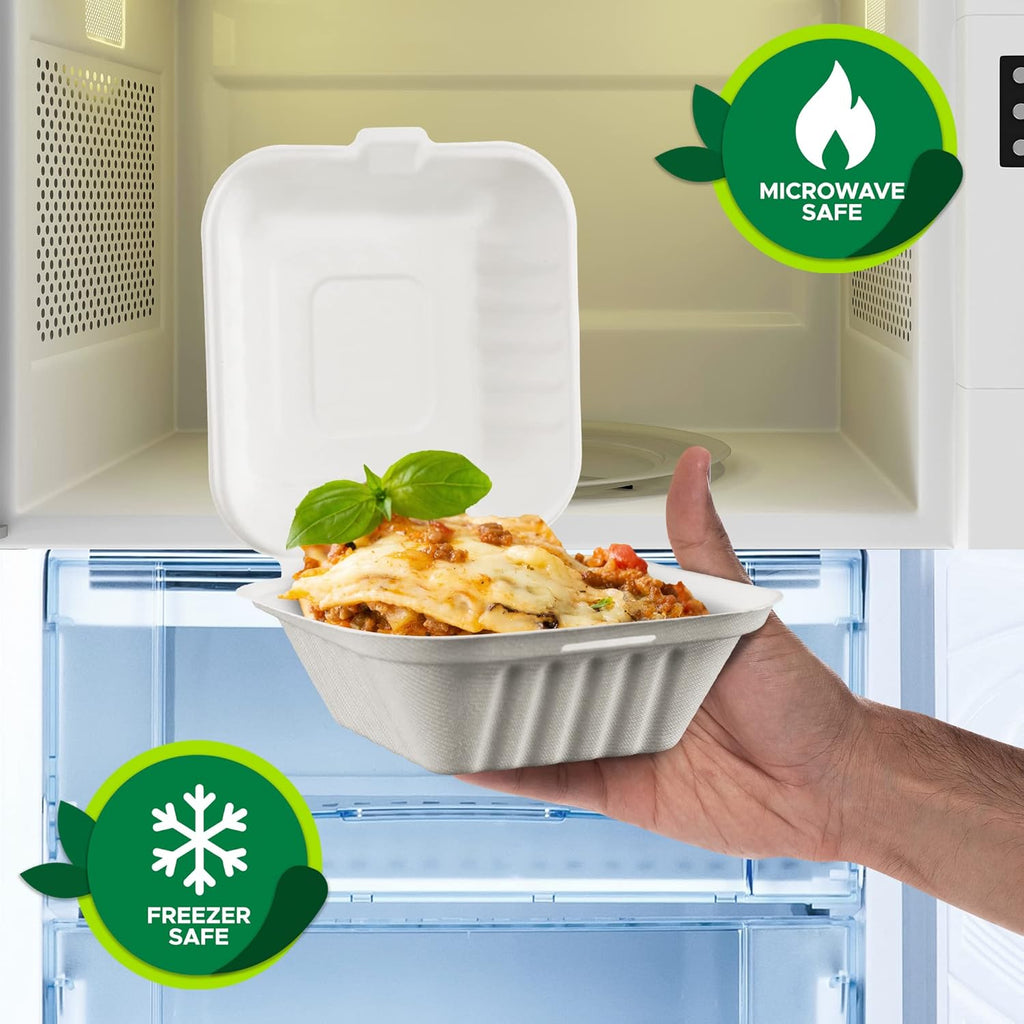 50-Pack 6X6 Biodegradable Bento Box Hamburger Containers, Compostable Small Take Out Boxes Made from Sugarcane Fibers