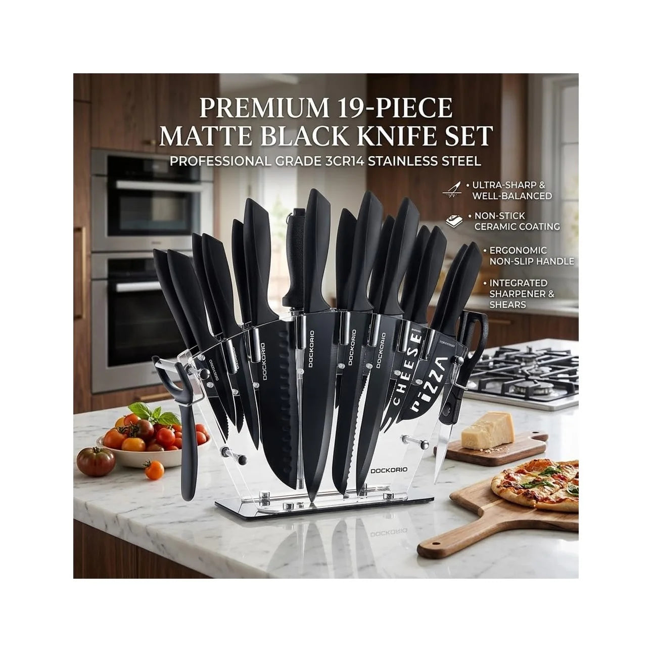 Kitchen Knife Set with Block, 19 PCS High Carbon Stainless Steel Sharp Includes Serrated Steak Knives Set, Chef Knives, Bread Knife, Scissor, Sharpener, All in One