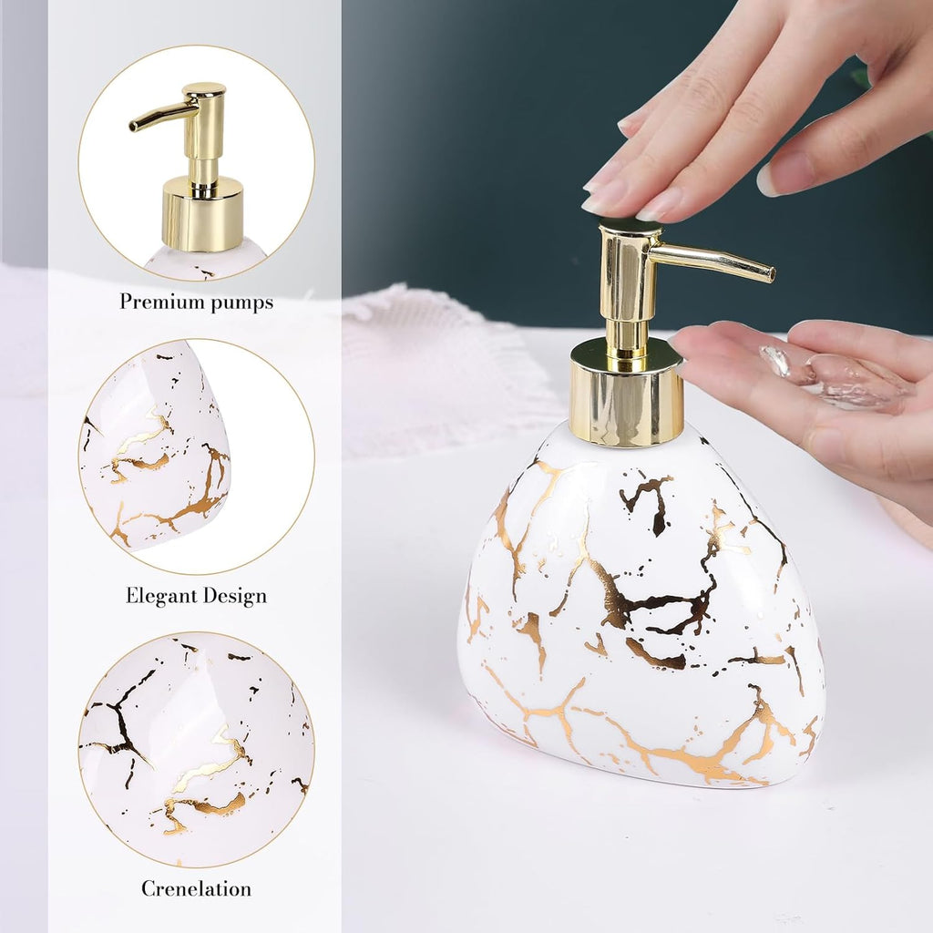 Ceramics White Bathroom Accessories Set,Gold Marble Look Bathroom Decor,Modern 6 Piece Bathroom Accessory Set,Complete with Soap Dispenser,Toothbrush Holder,Tumbler,Tray Countertop
