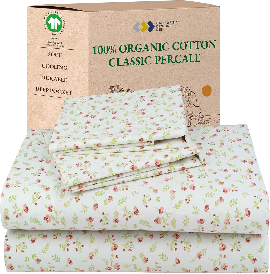 Full Sheet Set Floral, 100% Organic Cotton Percale Sheets, Deep Pocket Full Sheets & Pillowcase Set - Floral