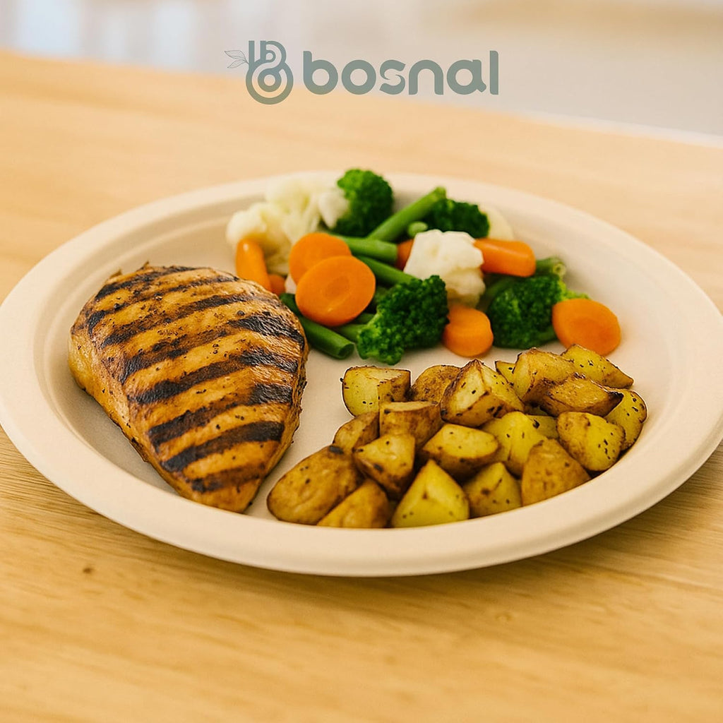 10 Inch & 7 Inch round Plates, 10 Inch Oval Plates, 32 Oz Bowls & 8 Oz Cups with Lidss & Cutlery – 100% Plant-Based Bagasse, Eco-Friendly, Compostable, Microwave Safe, Durable Dinnerware Set