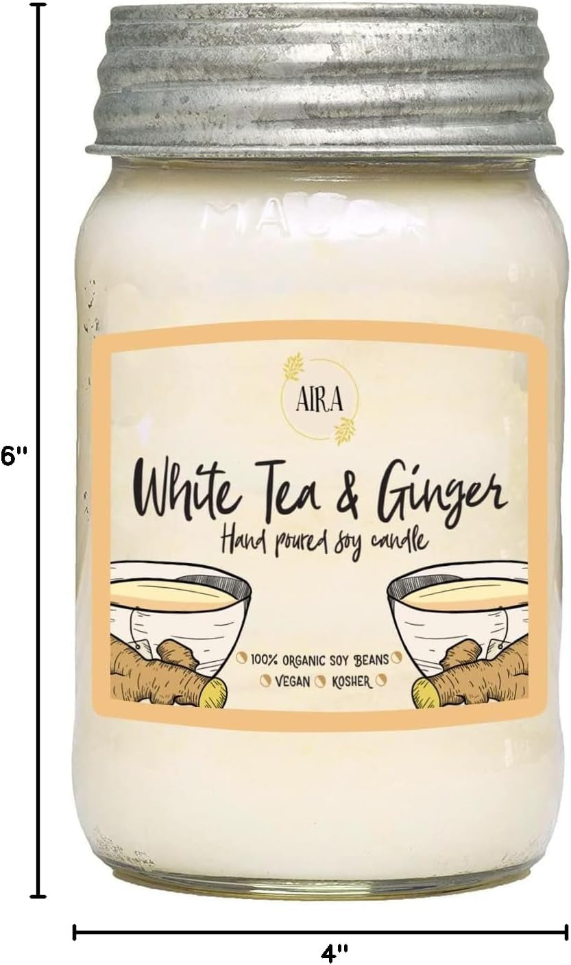 Soy Candles - Organic, Kosher, Vegan, in Mason Jar W/Therapeutic Grade Essential Oil Blends - Hand-Poured 100% Soy Candle Wax - Paraffin Free, Burns 110+ Hours - White Tea & Ginger -16 Ounces