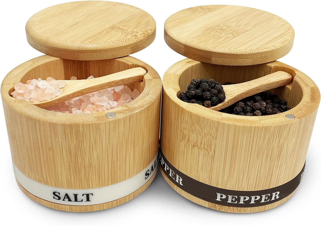 Bamboo Salt and Pepper Box with Swivel Lid and 2 Spoons - 13OZ