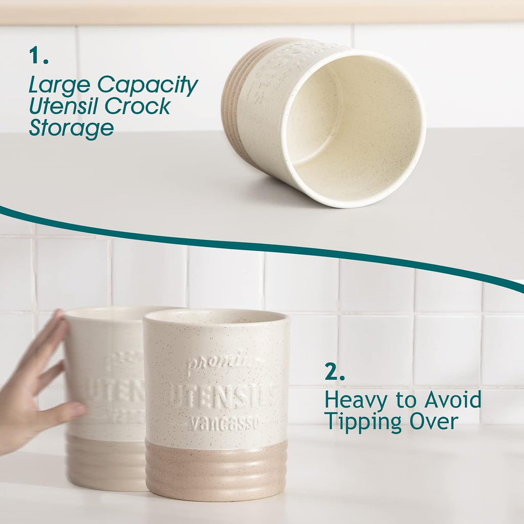 Sabine Ceramic Utensil Holder for Kitchen Counter, 7.2" Large Utensil Crock, Matte Cream Farmhouse Kitchen Utensil Holder, Countertop Organizer for Spoons, Spatulas and Cooking Tools