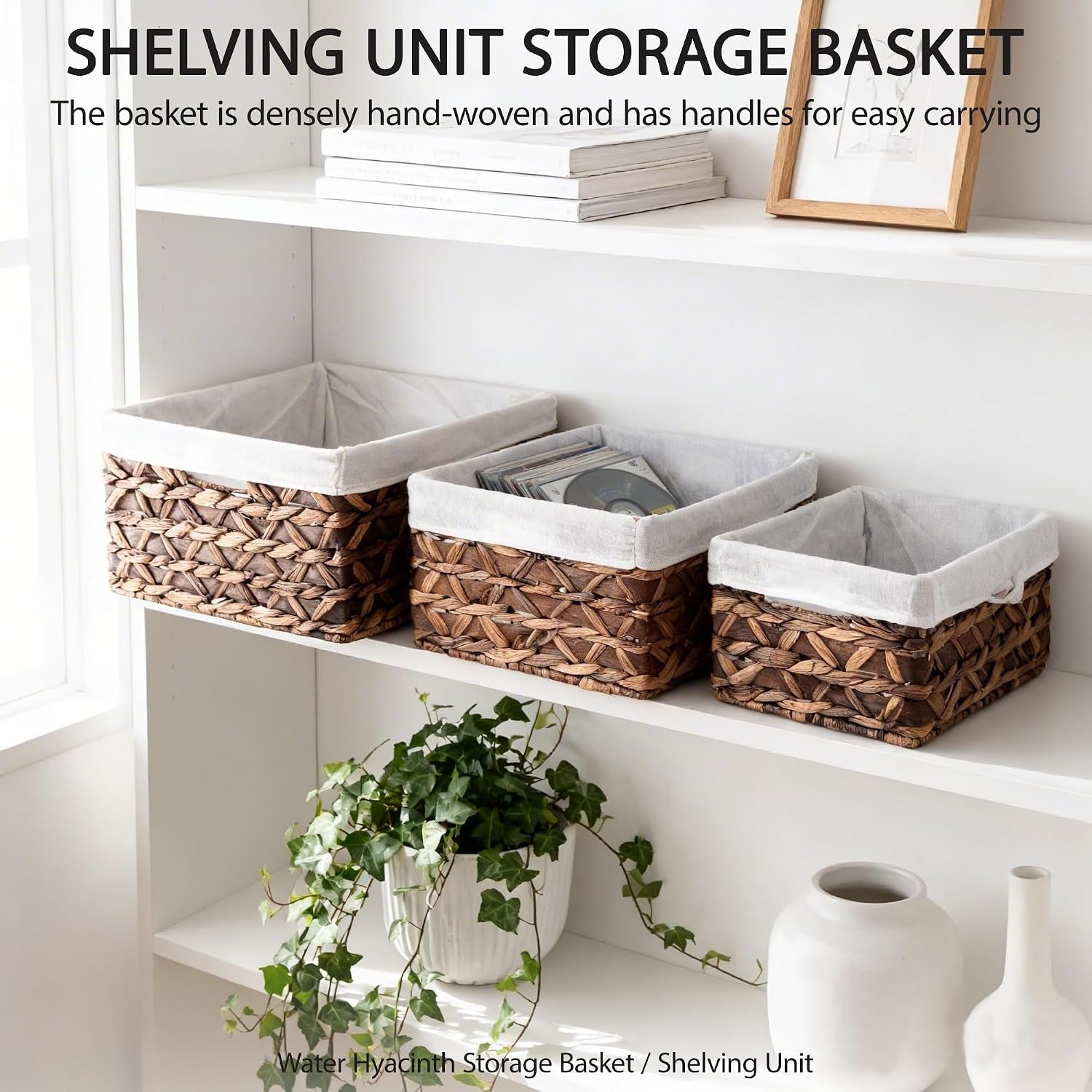 Natural Water Hyacinth Storage Baskets Set of 3 with Metal Frame & Removable Liner, Rectangular Wicker Organizer Bins for Home Bedroom Living Room Bathroom Closet Organization
