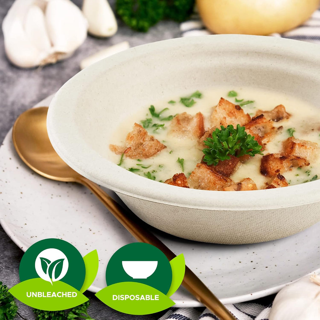 100% Biodegradable Sugarcane Bowls [Pack of 50] 12 Oz. Natural Compostable Soup Bowls- Planet-Friendly Bagasse Bowls for Hot & Cold Uses- Heavy-Duty Disposable Microwavable Paper Serving Bowls