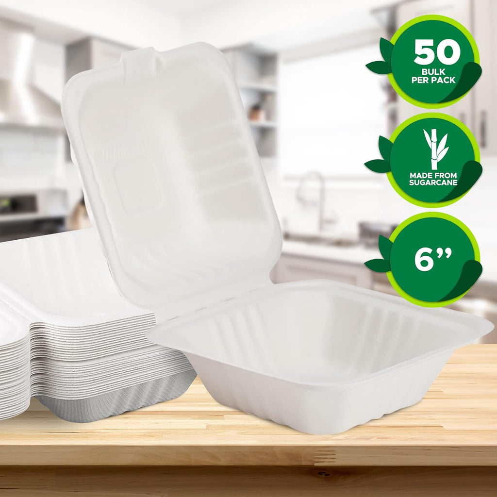50-Pack 6X6 Biodegradable Bento Box Hamburger Containers, Compostable Small Take Out Boxes Made from Sugarcane Fibers