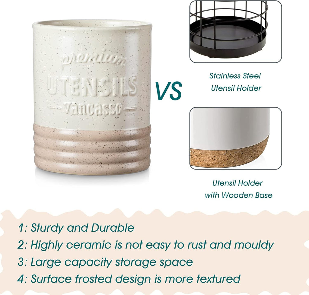 Sabine Ceramic Utensil Holder for Kitchen Counter, 7.2" Large Utensil Crock, Matte Cream Farmhouse Kitchen Utensil Holder, Countertop Organizer for Spoons, Spatulas and Cooking Tools