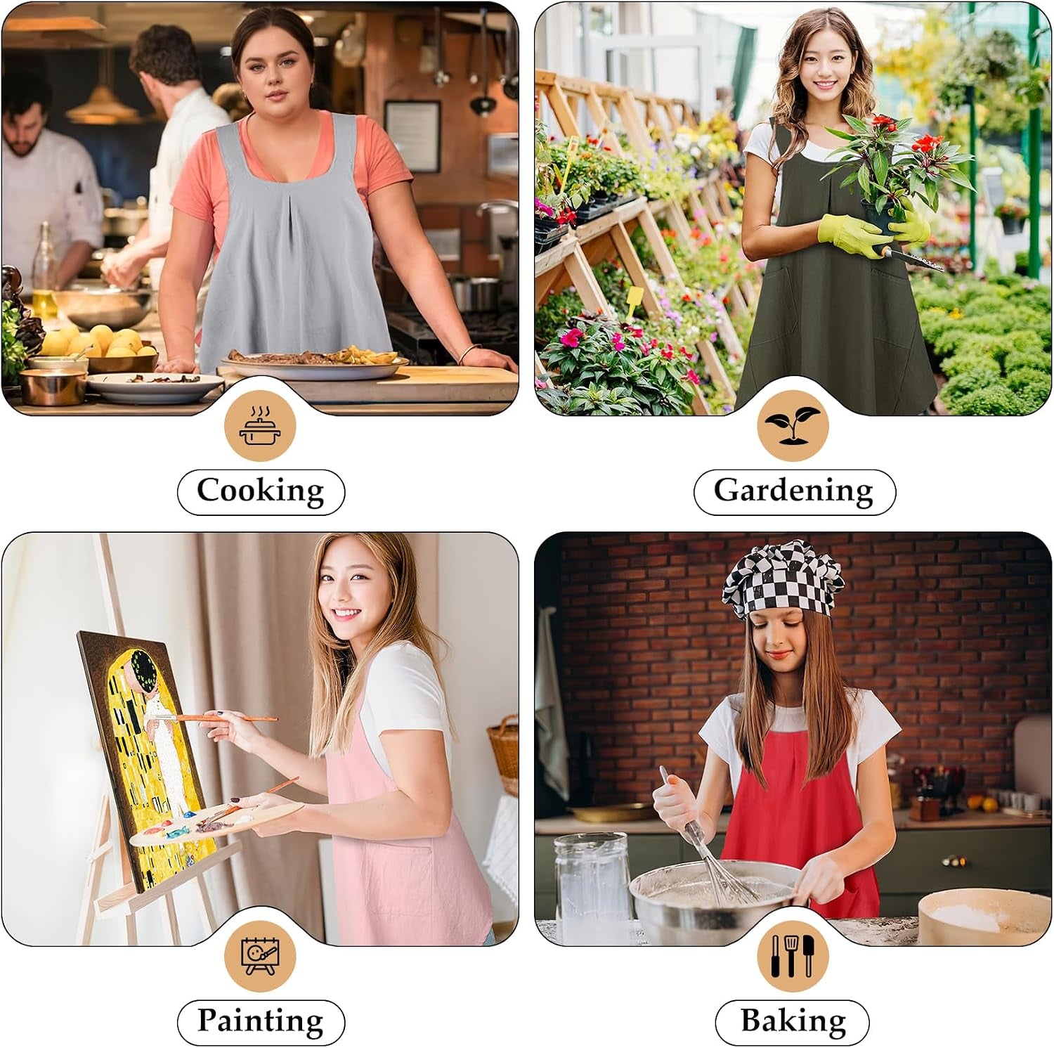 Apron for Women with Pocket Cotton Linen, Japanese Cross Back Apron for Gardening Painting