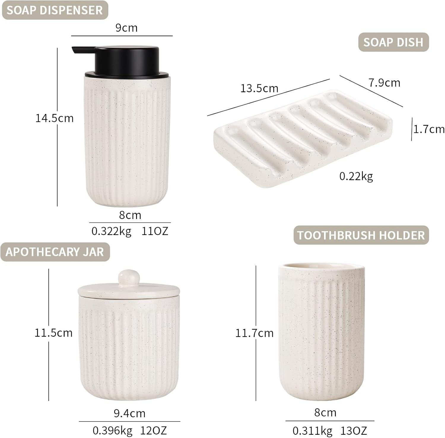 Ceramic Bathroom Accessories Set - Bathroom Counter Soap Set Beige Bathroom Decor Sets Accessories Bathroom Lotion Soap Dispenser and Toothbrush Holder Set, Soap Dish, Apothecary Jars