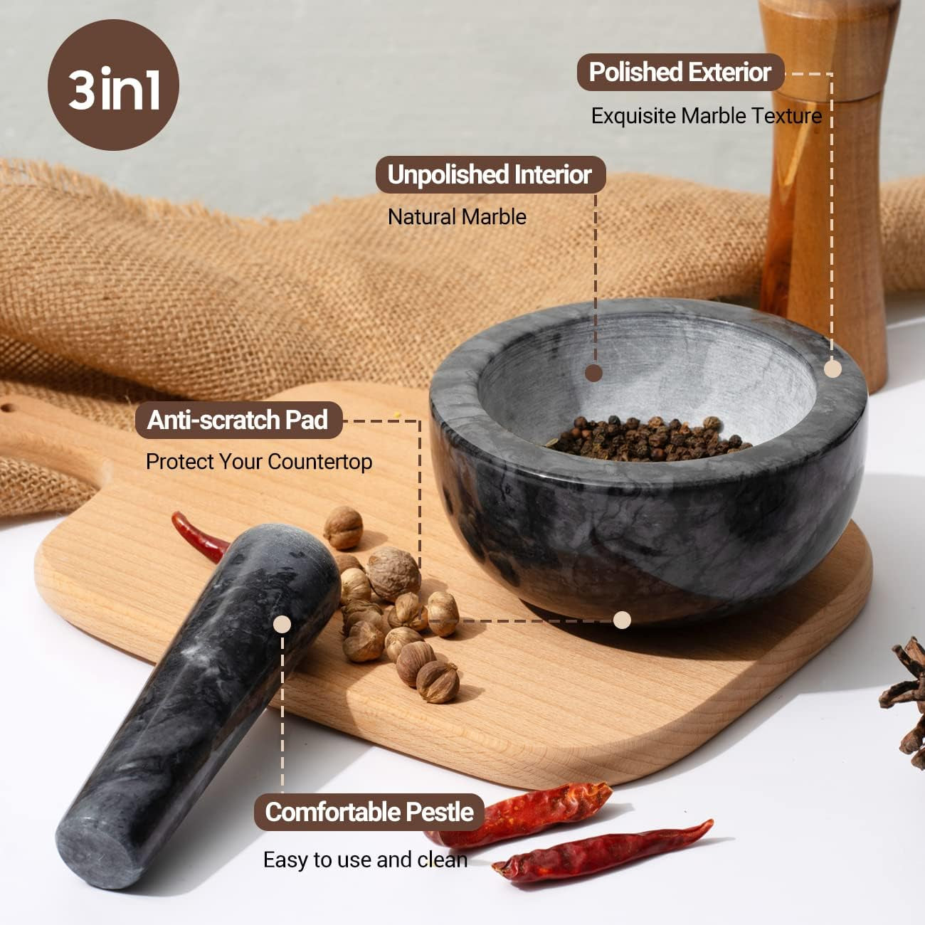 Marble Mortar and Pestle Set Large Solid Stone Grinder Spice Herb Grinder Pill Crusher (Black, Diameter 5.5")