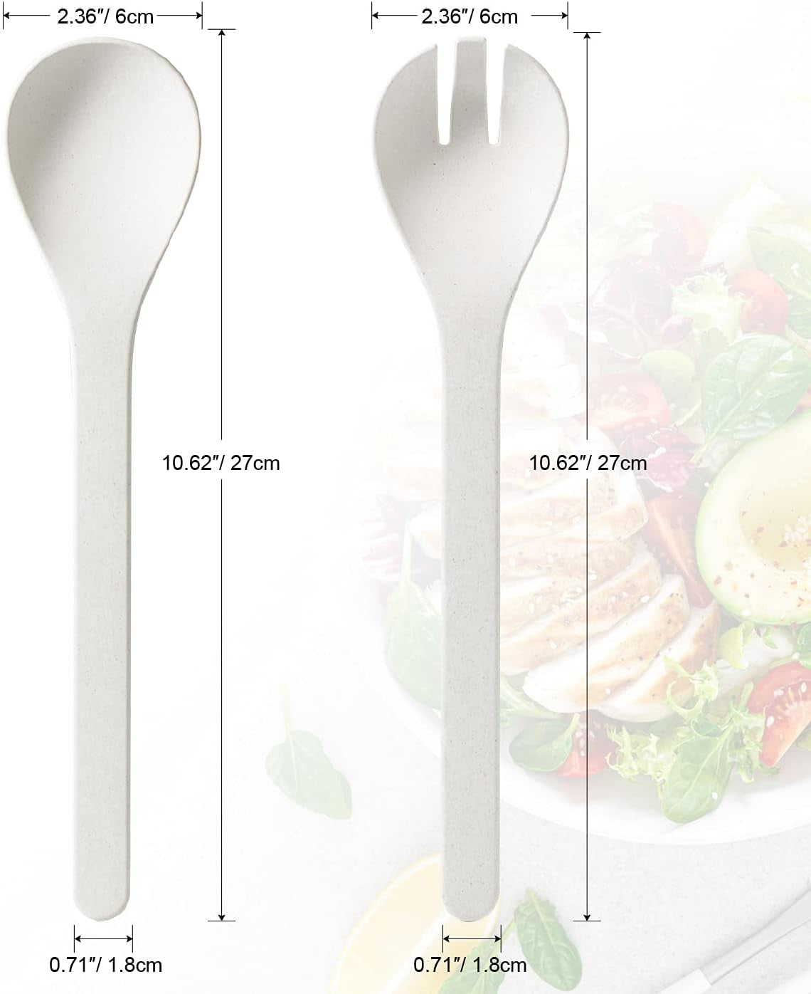 Plant Based Salad Servers Reusable Salad Fork and Spoon Set,Microwave and Dishwasher Safe, Utensils for Christmas,Kitchen,Home,Rv and Camping (White)