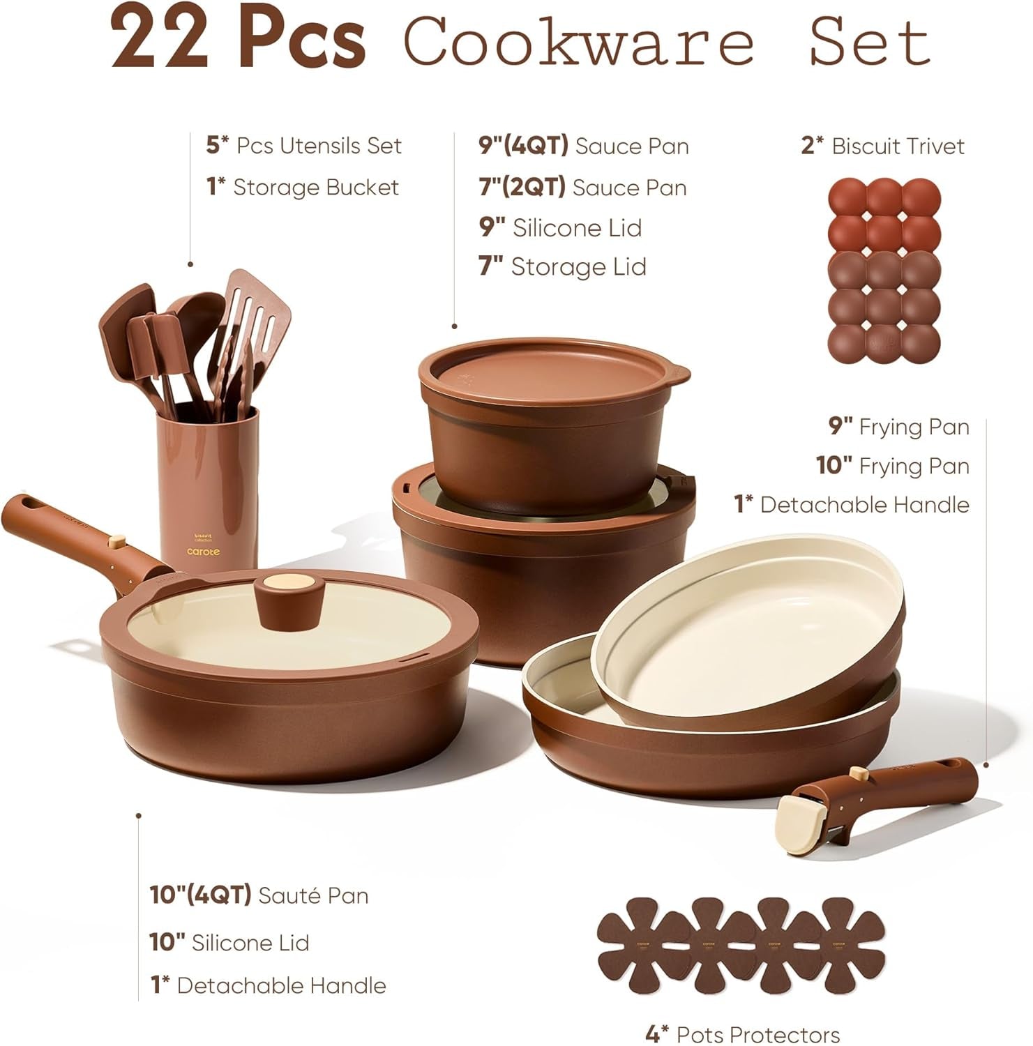 22Pcs Ceramic Cookware Set, Pots and Pans Set Non Stick Removable Handles, Non Toxic Cookware Oven/Dishwasher Safe, Induction Cookware, Gift Set, Nonstick Cookware Set with Kitchen Essentials