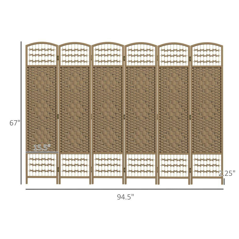 5.6 Ft. Natural Wood Folding Privacy Screen, 6 Panel Room Divider, Wave Fiber Freestanding Partition Wall Divider