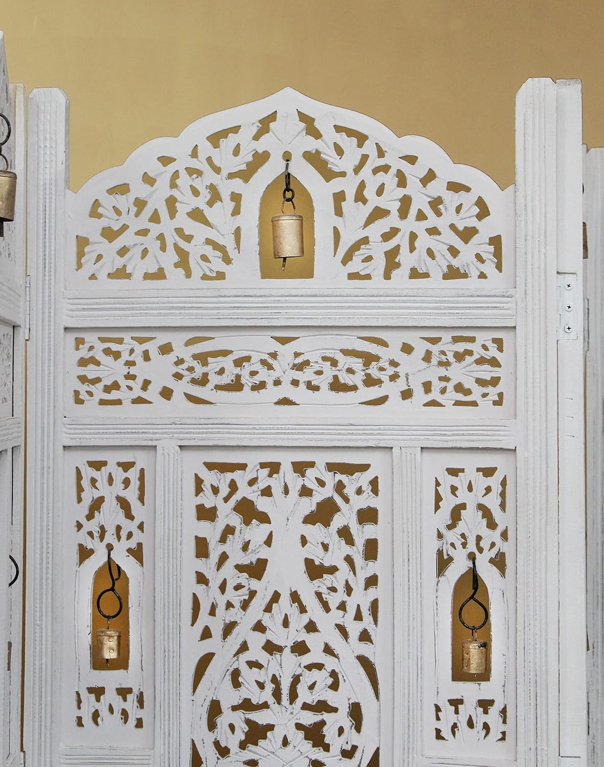 Room Divider Wood Screen - Ghanti Bells Antique White - 4 Panel Folding 72 X 80 - Assembled Hand Carved Decorative Functional Versatile Portable Partition Reversible Privacy Boho -