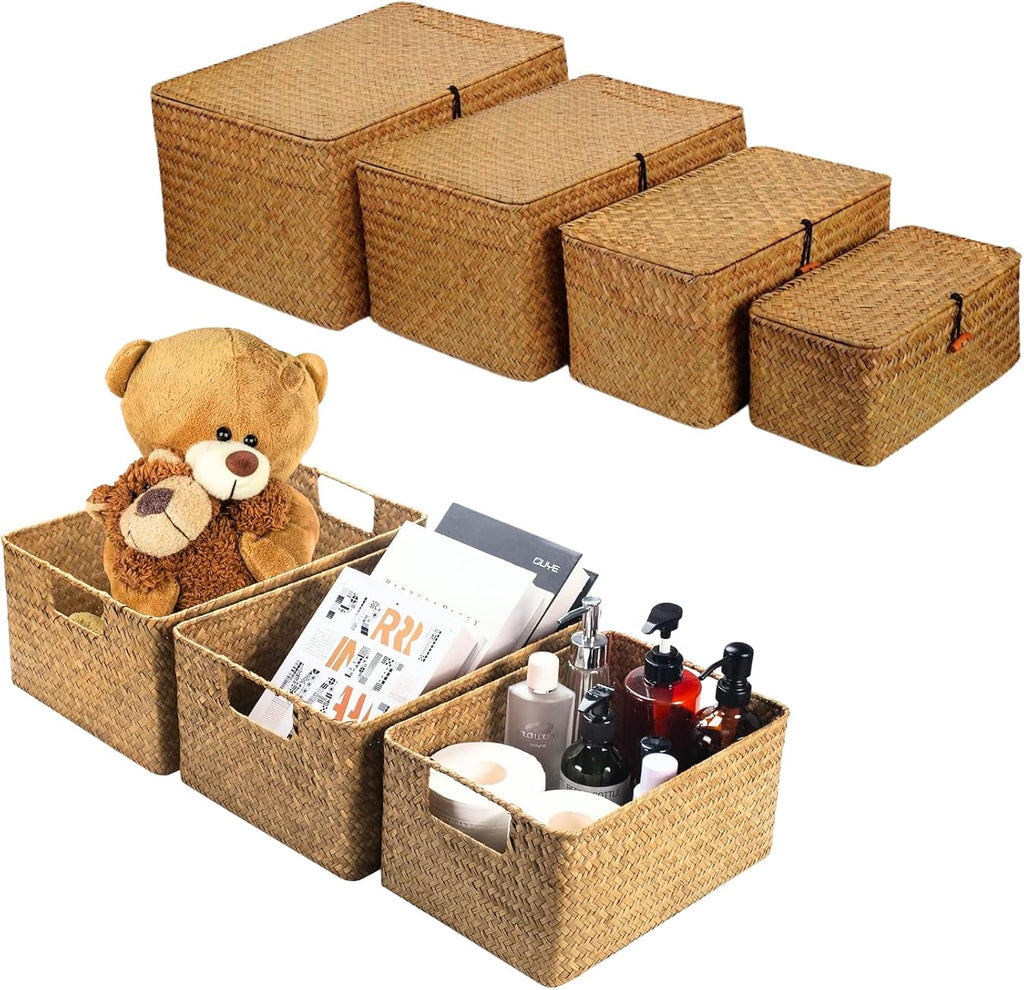 Woven Seagrass & Iron Wire Storage Baskets Set of 3 with Lids 4 Pack - Brown