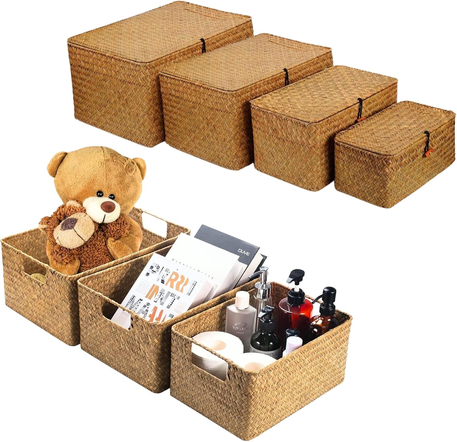 Woven Seagrass & Iron Wire Storage Baskets Set of 3 with Lids 4 Pack - Brown