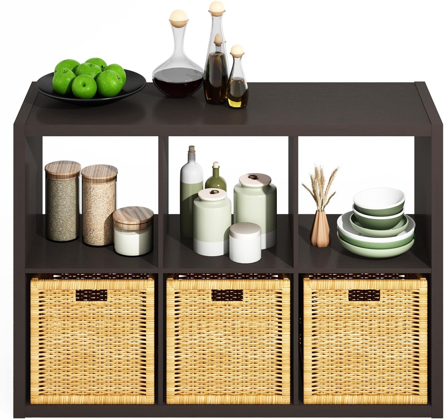 HERMITE Kitchen Island, 6-Cube Coffee Bar, Kitchen Storage, Bakers Rack, for Pantry Organizers and Storage, Kitchen Organization, Black Oak