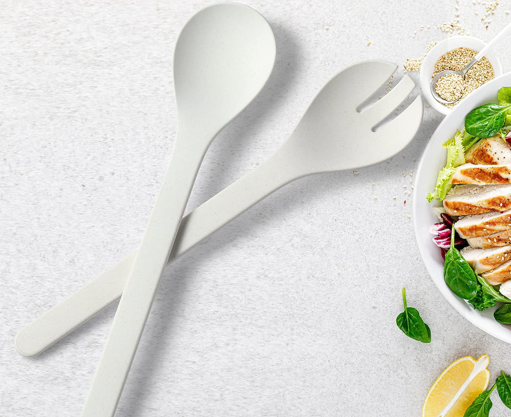 Plant Based Salad Servers Reusable Salad Fork and Spoon Set,Microwave and Dishwasher Safe, Utensils for Christmas,Kitchen,Home,Rv and Camping (White)