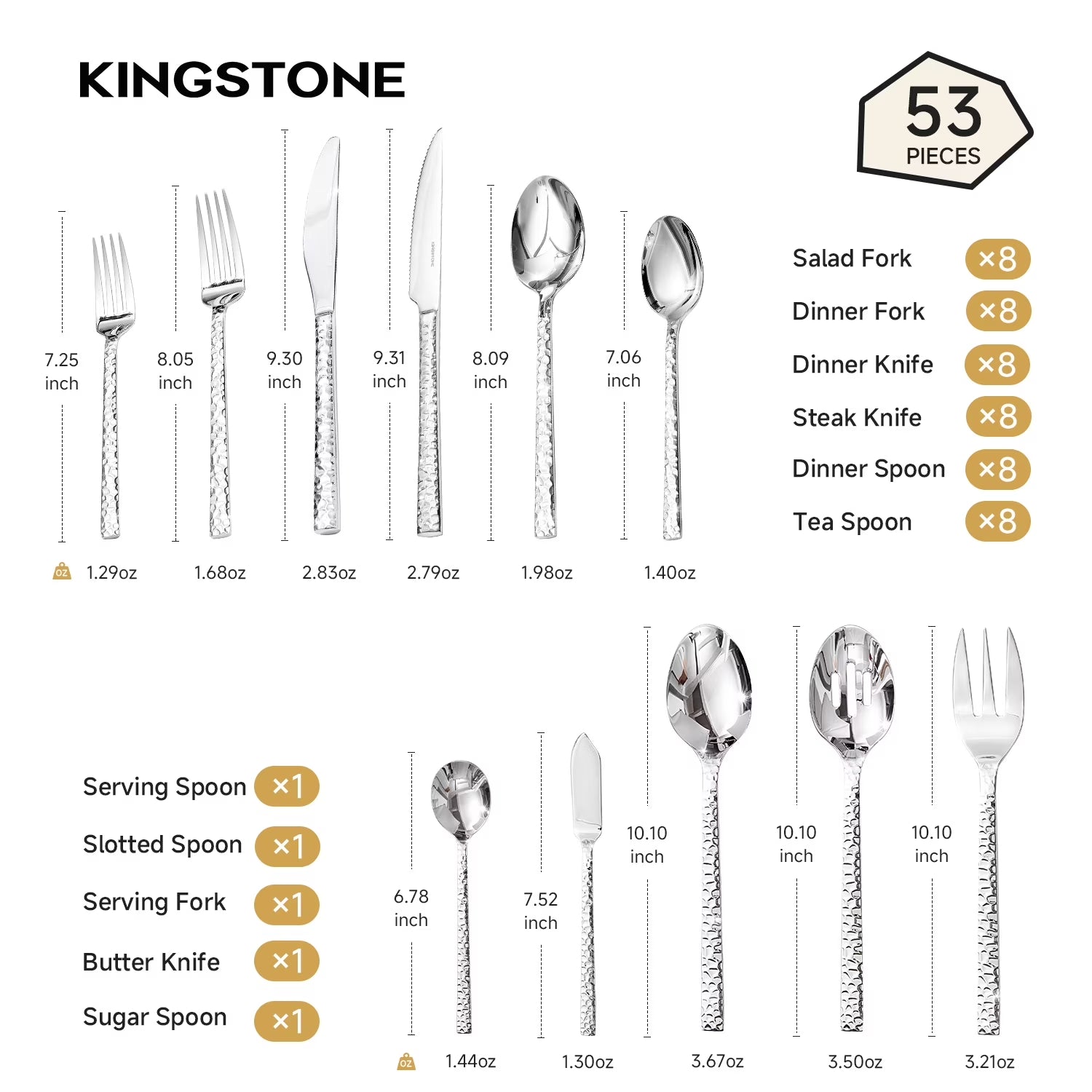 53 Pcs 18/10 Stainless Steel Silverware Set with Serving Utensils for 8, Cutlery Set with Hammered Pattern for Kitchen, Home, Restaurant, Mirror Polished & Dishwasher Safe