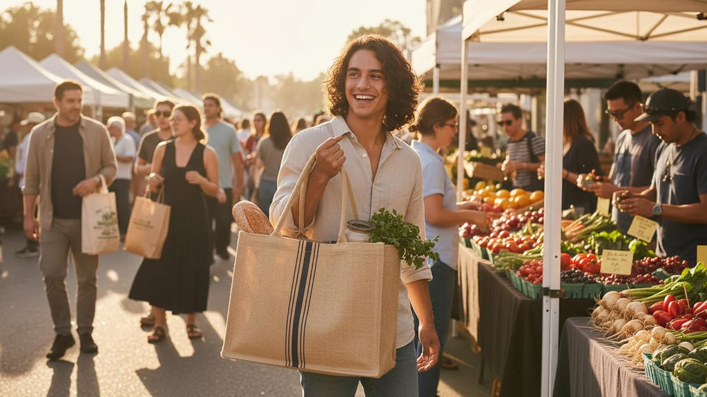 Jute Market Tote Bag with Handles, Triple Stripe