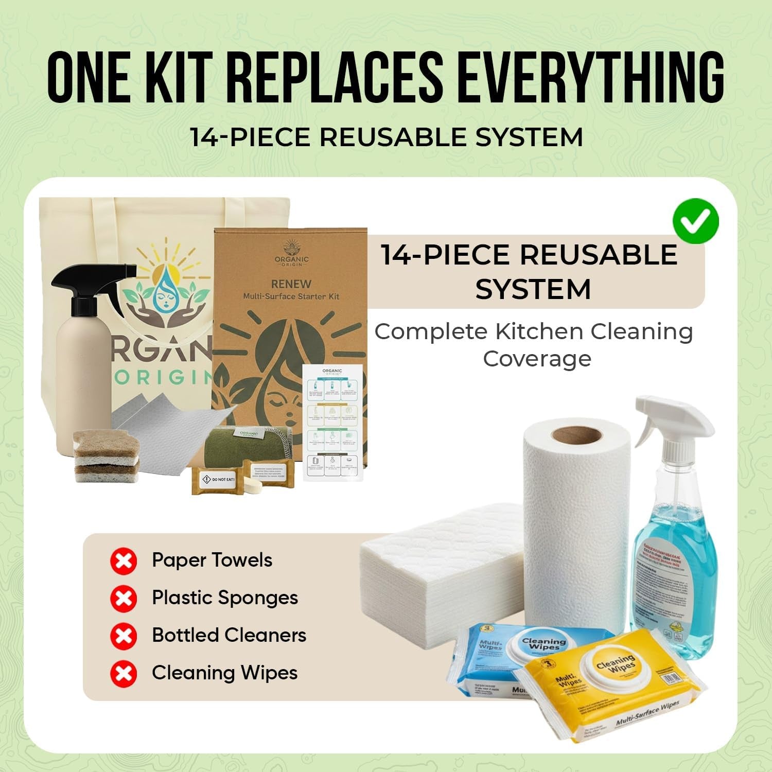 Organic Origin Kitchen Cleaning Supplies Kit - 14 Piece Set with Reusable Paper Towels, Plant-Based Sponges, Swedish Dishcloths, Dish Towels, Cleaner Tablets & Spray Bottle Cleaning Essentials