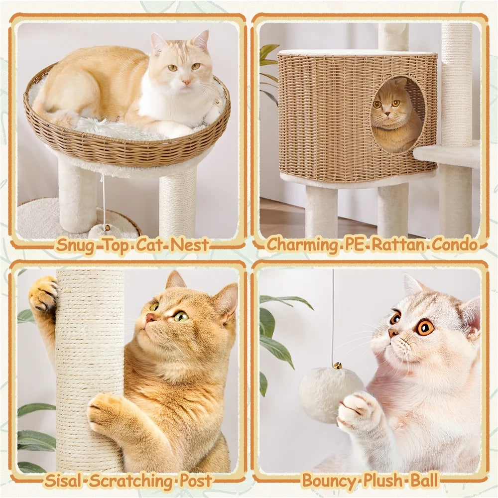 36" Tall Rattan Cat Tree with Natural Sisal Scratching Post, Beige