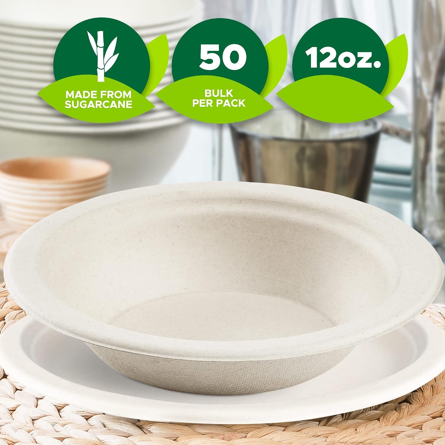 100% Biodegradable Sugarcane Bowls [Pack of 50] 12 Oz. Natural Compostable Soup Bowls- Planet-Friendly Bagasse Bowls for Hot & Cold Uses- Heavy-Duty Disposable Microwavable Paper Serving Bowls