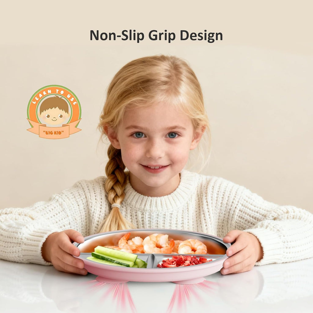 Stainless Steel Suction Plates for Toddlers, 9" Divided Kids Baby Plates with Removable Silicone Suction, Non Toxic Non Slip Portion Control Snack Dishes 3 Packs, Pink Beige Lilac