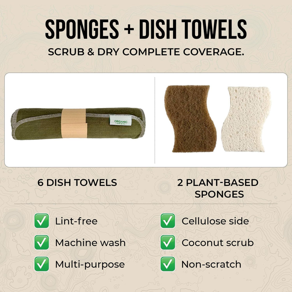Organic Origin Kitchen Cleaning Supplies Kit - 14 Piece Set with Reusable Paper Towels, Plant-Based Sponges, Swedish Dishcloths, Dish Towels, Cleaner Tablets & Spray Bottle Cleaning Essentials